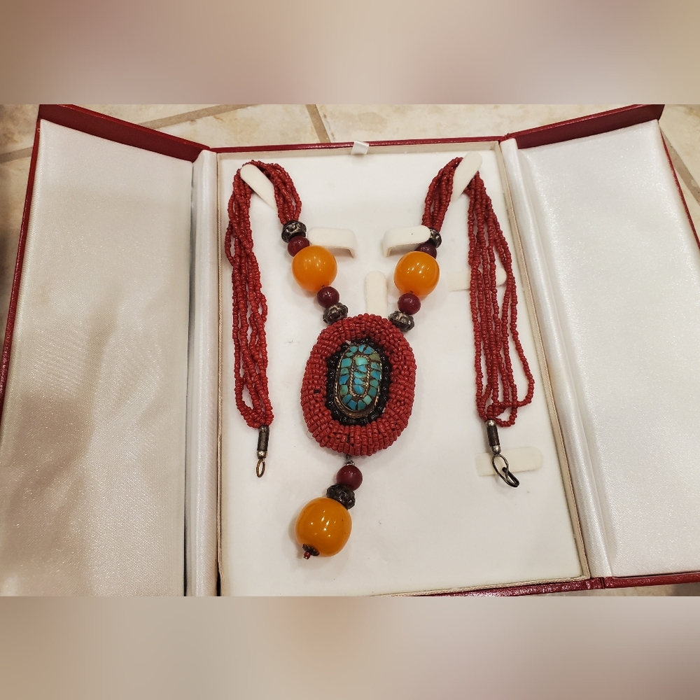 Antique Tribal Handmade Turquoise Necklace with Coral and Amber Beads